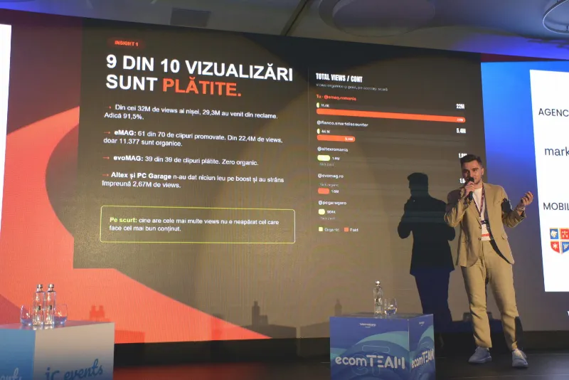 Cristi Jumară explică un slide cu titlul „9 din 10 vizualizări sunt plătite”, lângă un grafic cu vizualizările pe conturi.