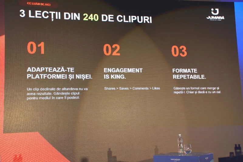 Slide „3 lecții din 240 de clipuri”: adaptează-te platformei și nișei, engagement is king, formate repetabile.